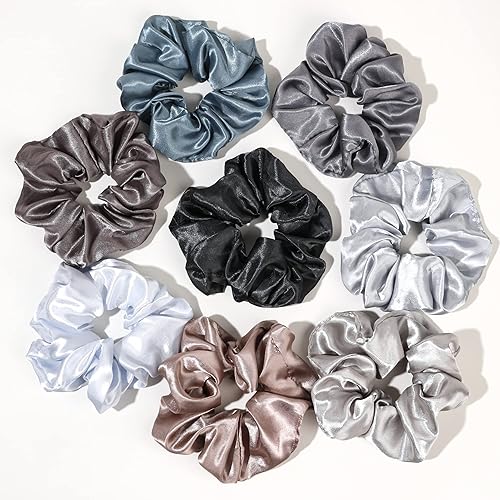 Satin Silk Scrunchies for Thick Curly Hair - Big Pony Tails Hair Bands, No Crease Ponytail Holders for Girls and Women - Blue Gray