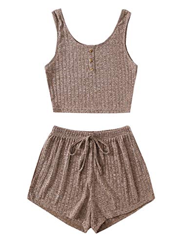 SOLY HUX Women's Button Front Ribbed Knit Tank Top and Shorts Pajama Set Sleepwear Lounge Sets - Medium - Mocha Brown