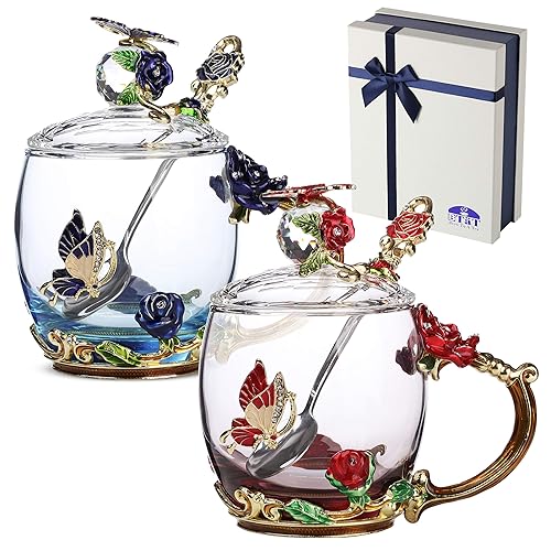 BTaT- Floral Glass Tea Cups with Lids, Pack of 2, Flower Tea Cups, Fancy Tea Cups, Fancy Glass Cups, Flower Teacup, Tea Cups for Women, Pretty Glass Cups, Flower Glass Mug, Valentines Gift