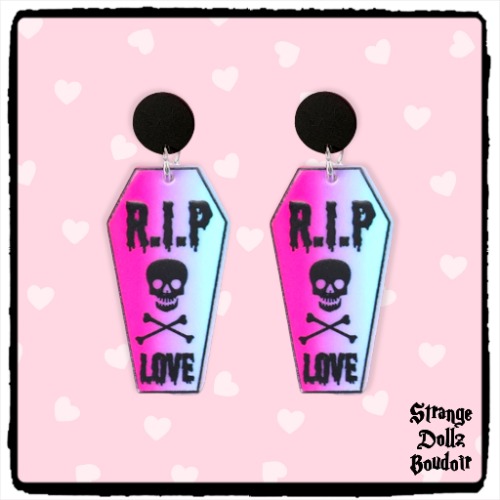 RIP Love coffin earrings, 925 sterling silver, double-sided print, pastel goth Halloween, Strange Dollz Boudoir