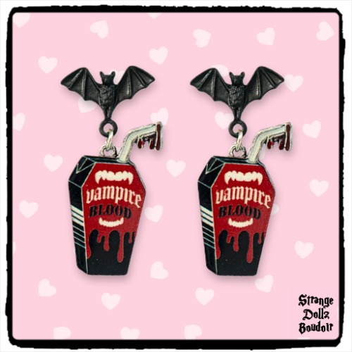Vampire Blood earrings, Bat earrings, gothic jewellery, Halloween, Strange Dollz Boudoir