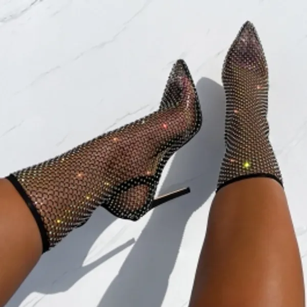 Krystal Black Diamante Fishnet Heels