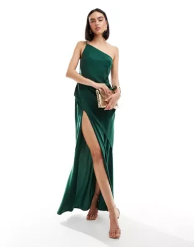 Satin one shoulder draped maxi dress with thigh split in forest green 