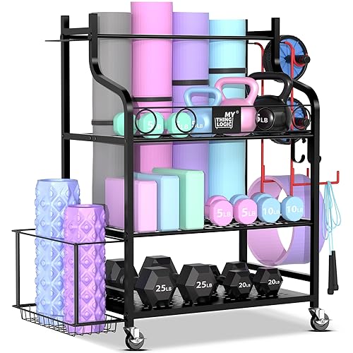 Mythinglogic Yoga Mat Storage Racks, Home Gym Storage Rack for Foam Roller, Resistance Band, Dumbbell, Kettlebell, Yoga Mat Holder, Workout Equipment Storage Organizer with Wheels and Hooks - Dark Black