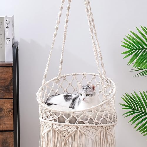 MEWOOFUN Macrame Cat Hammock, Hanging Cat Bed Hammock Cat Swing for Indoor Cats, Boho Cat Swing Bed for Sleeping, Playing, Climbing, and Lounging (Beige) - Beige