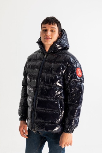 Shiny Navy Hooded Puffer Jacket - L
