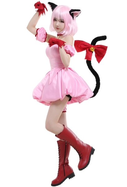 Tokyo Mew Mew Ichigo Momomiya Mew Ichigo Transformed Short Pink Dress Cosplay Costume with Cat Ears and Tail