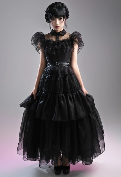 Wednesday Addams Cosplay Costume Long Party Formal Dress with Belts