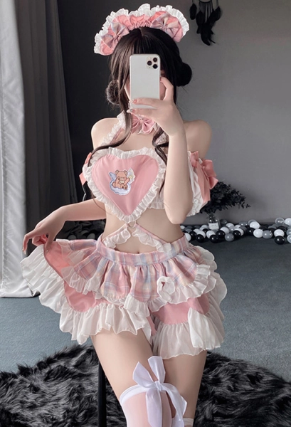 Kawaii Maid Sexy Lingerie Set Cute Pink Plaid Ruffles Heart Backless Dress with Headband Thong