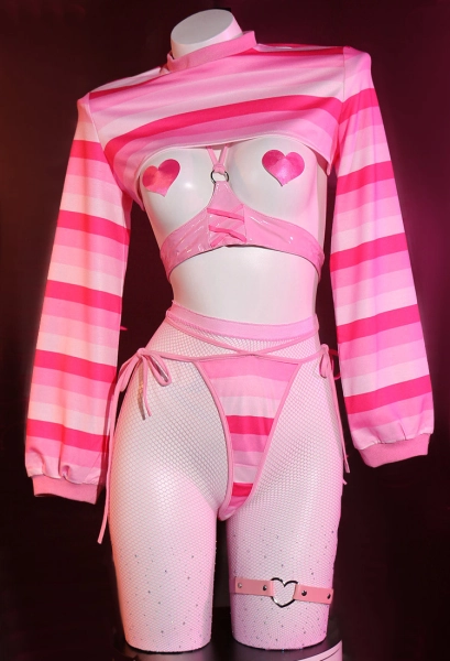 Sexy Lingerie Set Gradient Pink Stripe Long Sleeve Short Top and Panty with Pantyhose