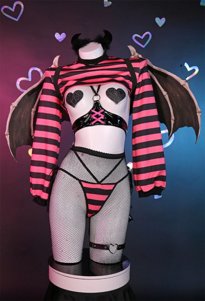 Sexy Lingerie Set Devil Style Black Pink Striped Short Top and Panty with Wings and Stockings