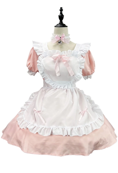 Kawaii Maid Outfit Ruffle Bow Decorated Pink Dress and Apron with Headdress and Choker