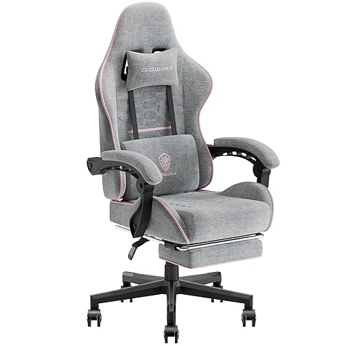 Dowinx Gaming Chair Fabric with Pocket Spring Cushion, Massage Game Chair Cloth with Headrest, Ergonomic Computer Chair with Footrest 290LBS, Pink and Grey - Grey Pink