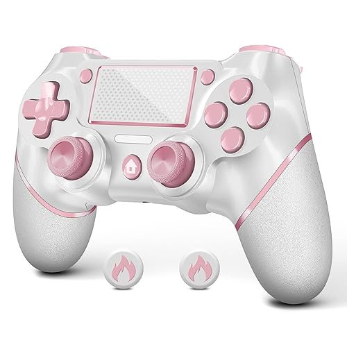 AceGamer Wireless Controller for Ps4，Gamepad Joystick for PS4/Pro/Slim/PC ，Gaming Controllers with Double Vibration Touch Panel 3.5mm Audio Jack Six-Axis Motion Sensor Upgraded Ergonomic（Pink&White）
