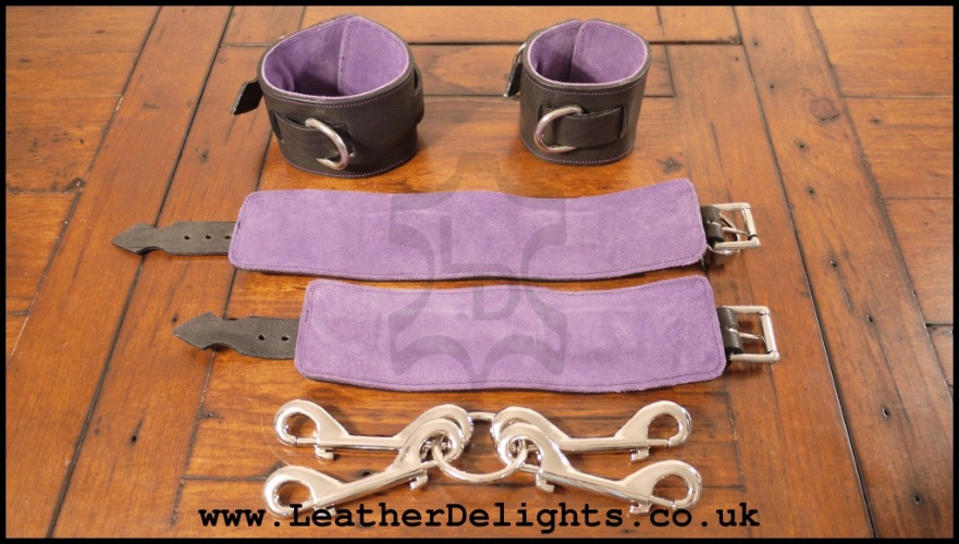 Black Wrist & Ankle Cuffs with Suede Lining - Purple / Medium - 6" to 8" / Medium - 8" to 10"