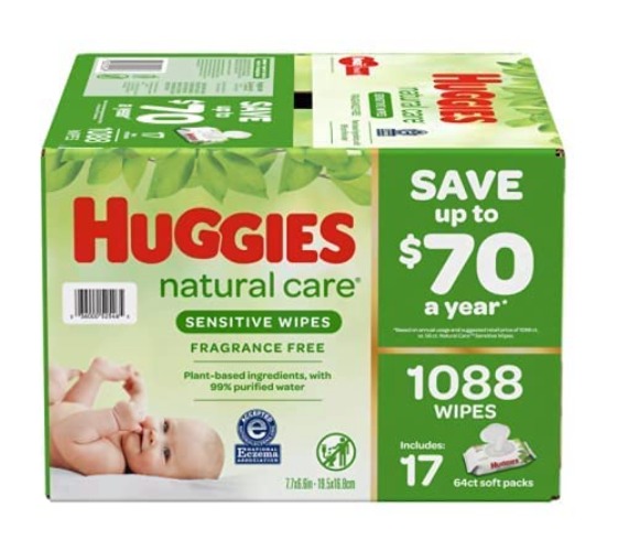 HUGGIES Natural Care Sensitive Baby Wipe Refill, Fragrance Free (1,088 Count) - 64 Count (Pack of 17)