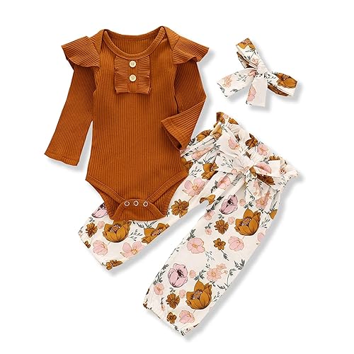 Kislio Newborn Baby Girls Clothes Ribbed Ruffled Romper+Floral Pants+Headband Infant Outfit Set - Aa-brown - 12-18 Months
