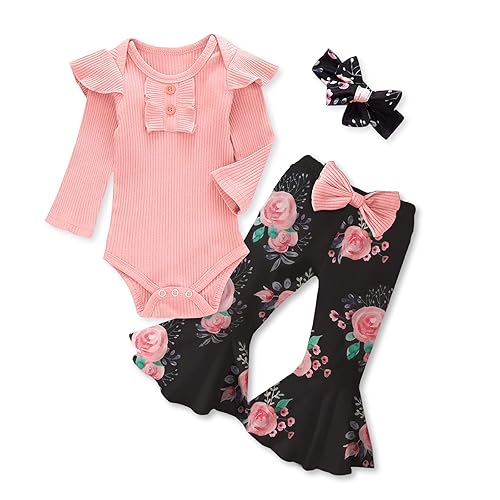 Kislio Newborn Baby Girls Clothes Ribbed Ruffled Romper+Floral Pants+Headband Infant Outfit Set - B5-pink - 18-24 Months