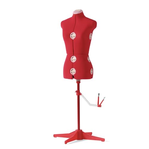 SINGER Female Adjustable Red Dress Form Fits Sizes 4-10 Pinnable Mannequin Body Torso with 360 Degree Hem Guide, Foam-Backed Fabric Exterior, 12 Dials, Tri-Pod Stand - Red - Dress Form