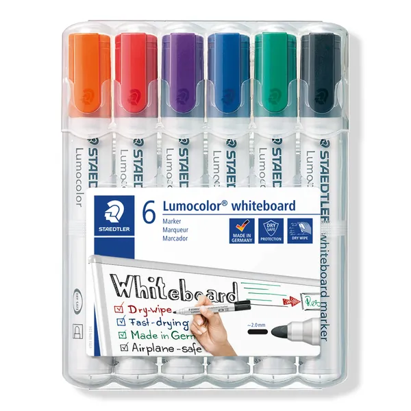 Staedtler Lumocolor 351 WP6 Whiteboard-Marker (Rundspitze ca. 2 mm Linienbreite, Set mit 6 Farben, hohe Qualität, trocken und rückstandsfrei abwischbar von Whiteboards)