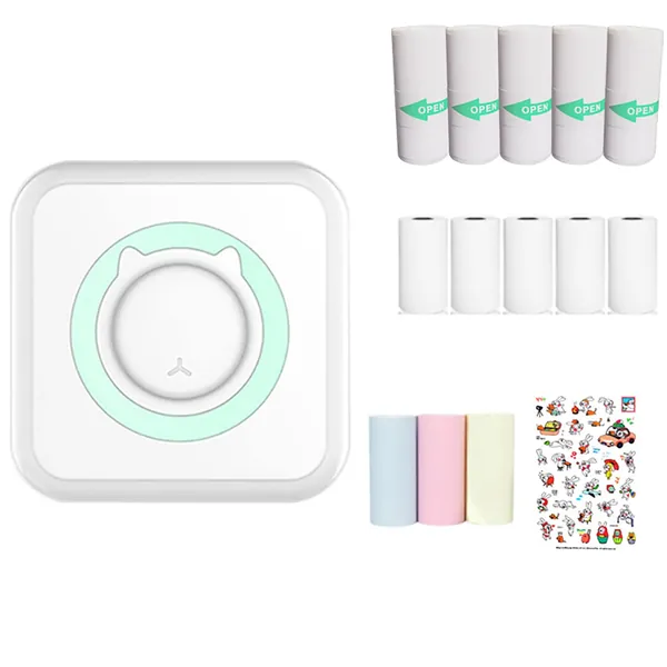 WANGCL Mini skrivare bärbar fickskrivare bläckfri fotoskrivare med 13 rullar skrivarpapper för trådlös skrivare för IOS/Android smartphone (blå)