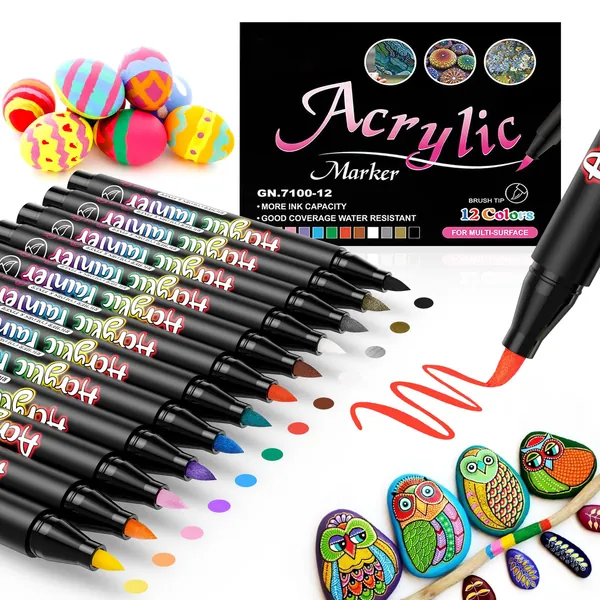 LUZOON Akrylpennor för stenar 12 färger, markörpennor för stenar, målning, akrylfärger,vattentäta för trä/glasapper/dukresentkortåskägg dekoration/gör-det-själv fotoalbum (mjukt tips 1–3 mm)