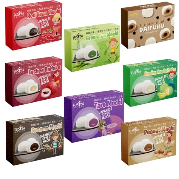 Japanese Mochi 8 Variety Pack: Boba Milk Tea, Taro, Sesame, Hamimelon, Lychee, Green Tea, Peanut & Red Bean in Fusion Select Gift Box