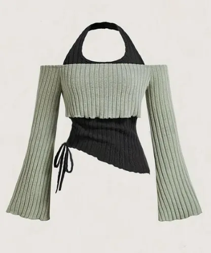 Women's Colorblock 2 in 1 Backless Halter Crop Knit Top, Elegant Asymmetrical Flounce Sleeve Drawstring Top for Daily Wear, Ladies Clothes for All Seasons, Cute Tops Multicolor1 S