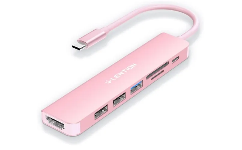 LENTION 7 in 1 USB C Hub Multiport Adapter with USB C to HDMI, USB C to SD/Micro SD Card Reader/USB 3.0&2.0/100W Power Delivery for New MacBook Air/Pro, Surface, More(CB-CE18, Rose Gold)