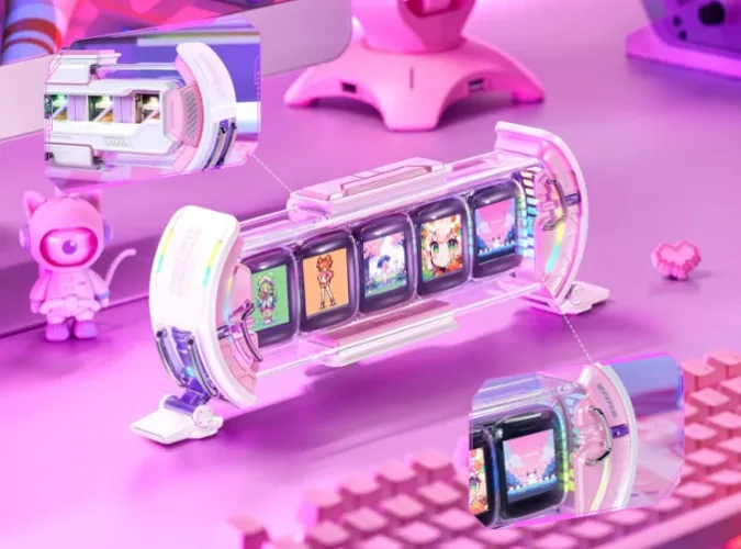 Divoom Times Gate - Cute Gaming Digital Clock with Smart App-Controlled, Support Weather Forecast, Stock Market/Exchange Rate, Social Media, Pixel Art Display for Gamers & Home Office Decor (Pink)