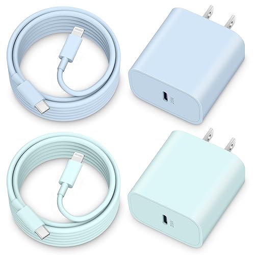 20W iPhone Charger, 2-Pack USB C Wall Charger Block PD Power Adapter Plug with 6FT Type C to L Cable Charging Cord for iPhone 14 13 12 11 Pro Max Mini Plus, XS XR X 8 7 6, iPad [Blue+Green] - Blue+Green