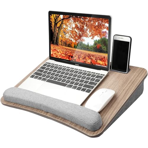 HUANUO Portable Lap Laptop Desk with Pillow Cushion, Fits up to 15.6 inch Laptop, with Anti-Slip Strip & Storage Function for Home Office Students Use as Computer Laptop Stand, Book Tablet - Dark Brown Woodgrain - Medium