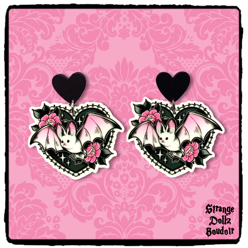 Bat earrings, 925 sterling silver, Cute gothic jewellery, Pastel Goth, Strange Dollz Boudoir