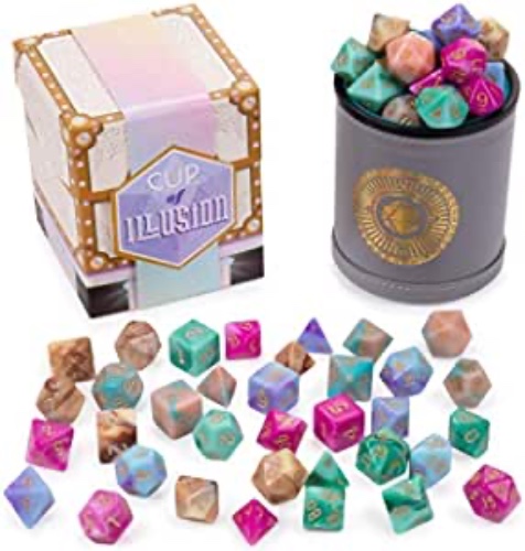 Wiz Dice Cup of Illusion - 35 Polyhedral DND Dice & Dice Shaker Cup & Box for Storage (5 Set of 7 Unique Colors) -Polyhedral Role Playing Dice in Unique Colors - DND Accessories for TTRPG Dice Games - Cup of Illusion