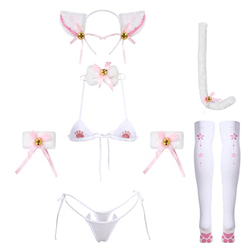 ABAFIP Women's Cute Anime Kawaii Cat Kitten Cosplay Strappy Lingerie Halter Micro Bra Panty Headband Garter Stockings Set - One Size - White-01