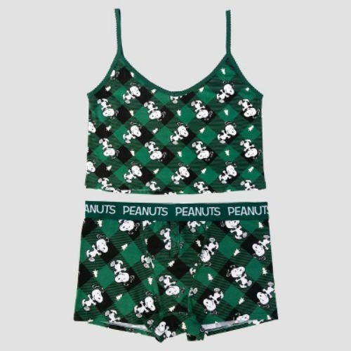 Peanuts Women's Holiday Cotton Cami & Boxer Set - Dark Moss Green S