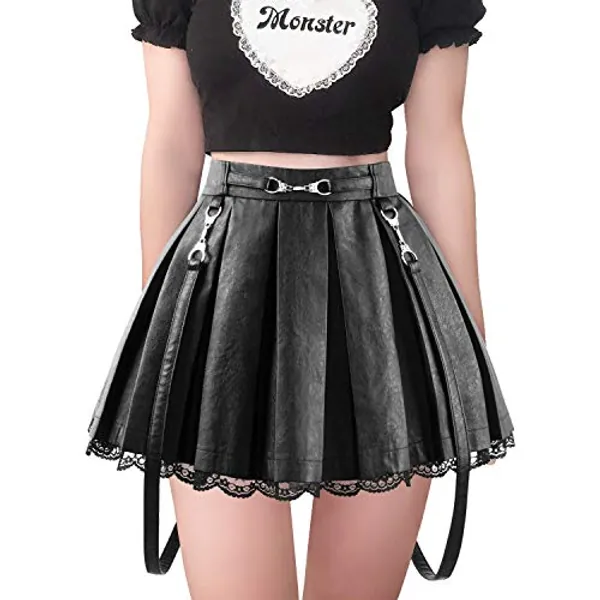 Littleforbig Women's A-Line Pleated Faux Leather Flared Casual Lace Trim Mini Skirts - Troublemaker