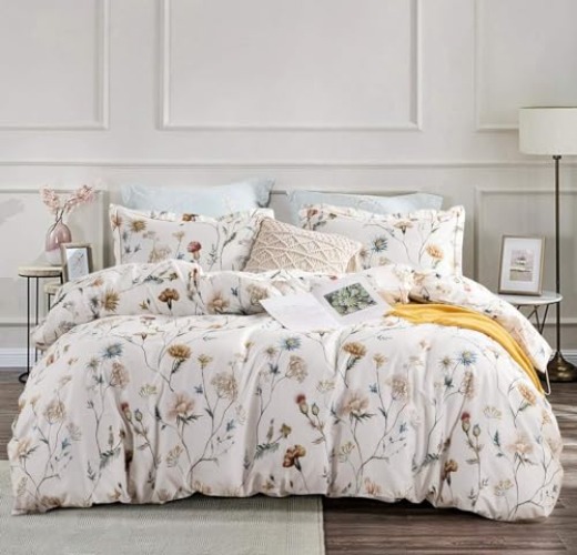SLEEPBELLA Cotton Queen Size Comforter, 600 Thread Count Cotton White Printed with Blue & Blush Flowers Cotton Comforter Set,Down Alternative Bedding Set 3Pcs(Queen, White Floral) - Queen - White Floral