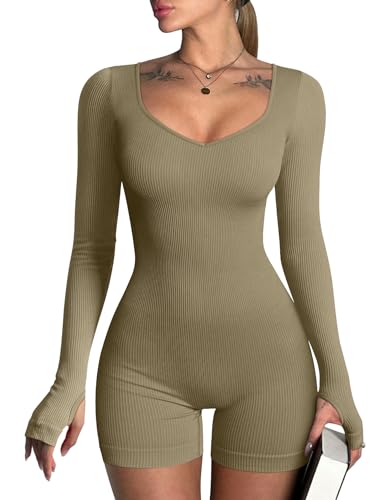OQQ Women Yoga Rompers Ribbed Workout Long Sleeve Sweetheart V Neck Sport Jumpsuits Rompers - Mocha - Small