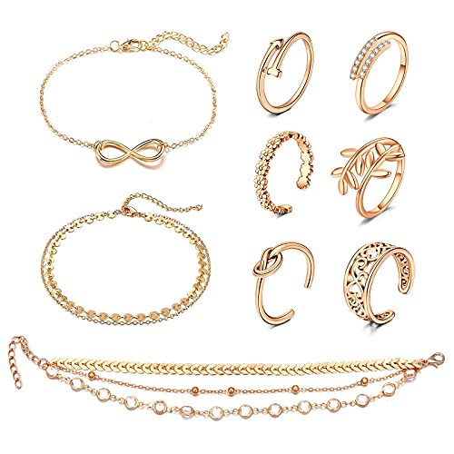 JFORYOU Toe Rings for Women Adjustable Open Toe Rings with Anklet Set CZ Flower Toes Ring for Summer Beach Foot Jewelry - 9 Pcs Rosegold and Gold Set