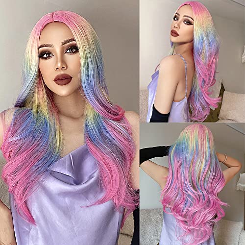 MUPUL Ombre Rainbow Body Wave Synthetic Wigs For Women Long Curly Hair For Cosplay Girls and Women Halloween Party Or Daily Use Wig - Ombre Rainbow