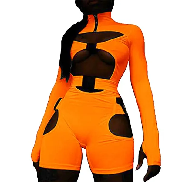 Spocrie Womens Long Sleeve Bodycon Jumpsuit Buckle High Neck Zipper One Piece Romper Biker Clubwear