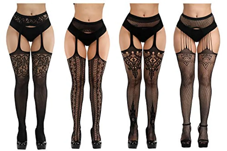Fishnet Stockings ，Fishnet Thigh-High Stockings Pantyhose Stockings Fishnet Leggings Babydoll Lingerie for Women (4pcs) (Black)
