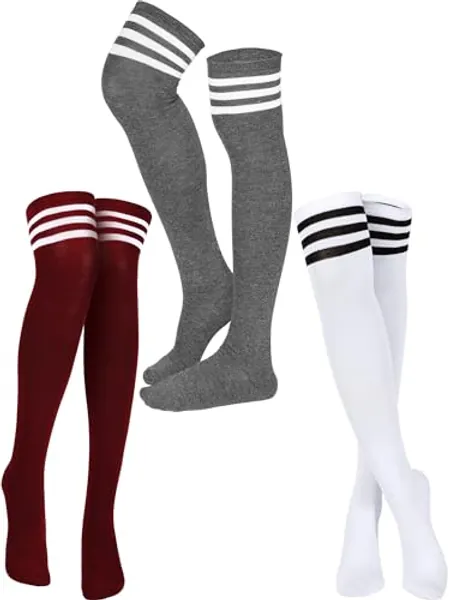SATINIOR 3 Pairs Knee High Socks Thigh High Socks Triple Stripe over the Knee Socks Long Opaque Thigh High Stockings