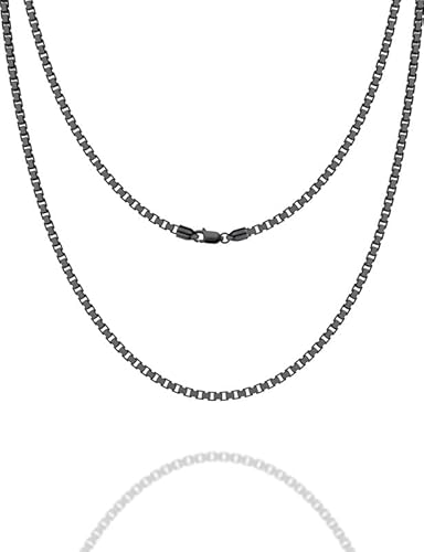 ASDULL 925 Sterling Silver 2/2.5mm Black Box Chain for Men Square Box Link Chain Necklace for Women 16-30 Inches - 22 - 2.5mm - Black