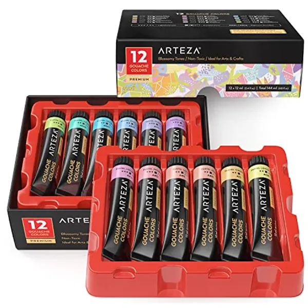 ARTEZA Gouache Paint, Set of 12, Pastel Tones, 0.4 US fl oz Gouache Paint Tubes, Opaque Gouache Set for Canvas and Paper