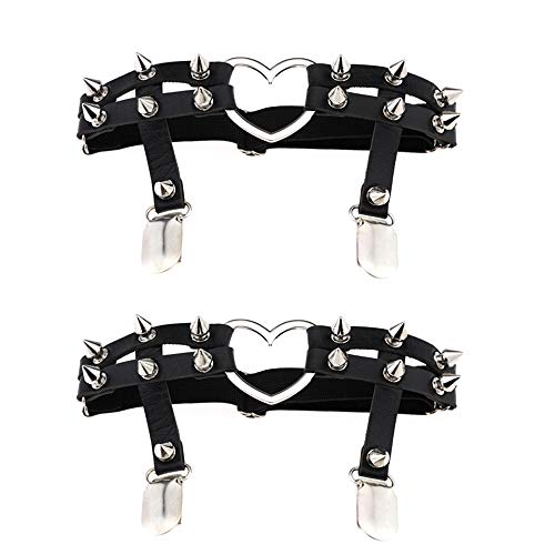 Jurxy 2PCS Gothic Studded Heart Garters Leg Ring Leg Elastic Punk Harness Garter Belt Adjustable Suspender with 2 Metal Clips – Black