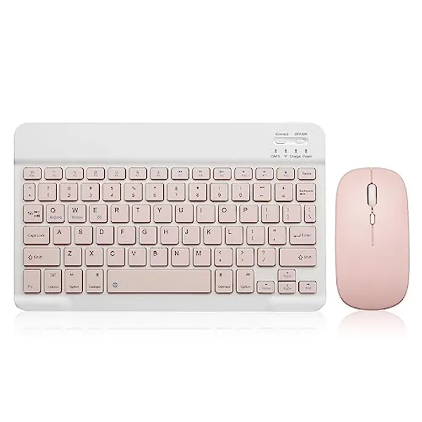 Bluetooth Keyboard and Mouse Combo Rechargeable Portable Wireless Keyboard Mouse Set for Apple iPad iPhone iOS 13 and above Samsung Tablet Phone Smartphone Android Windows (10 inch Pink)