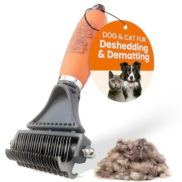GoPets 2-Sided Deshedding & Dematting Comb for Cats, Dog Grooming Brush, Undercoat Brush for Mats, Tangles, & Shedding, Stainless Steel Blades, Ergonomic Handle, Ideal for All Breeds & Coat Types