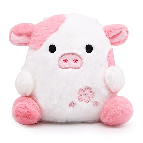 LMTGLDT Pink Cow Plush Doll, Kawaii Cow Stuffed Animals Sakura Plush Cow Hugging Cow Pillow, Cute Pink Cow Plushie Toy for Kids Girls Boys Birthday Gift - Pink Flower Cow